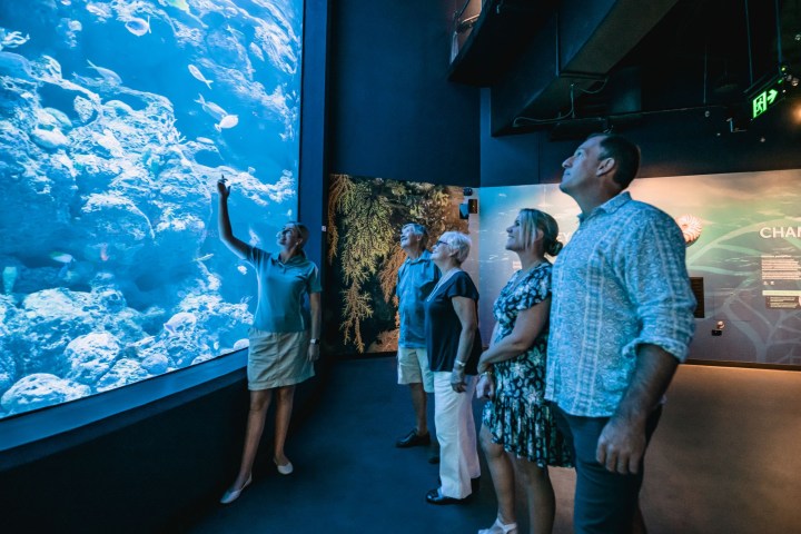 a group of people standing in a room